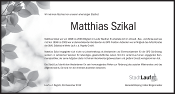 Traueranzeige von Matthias Szikal von Pegnitz-Zeitung